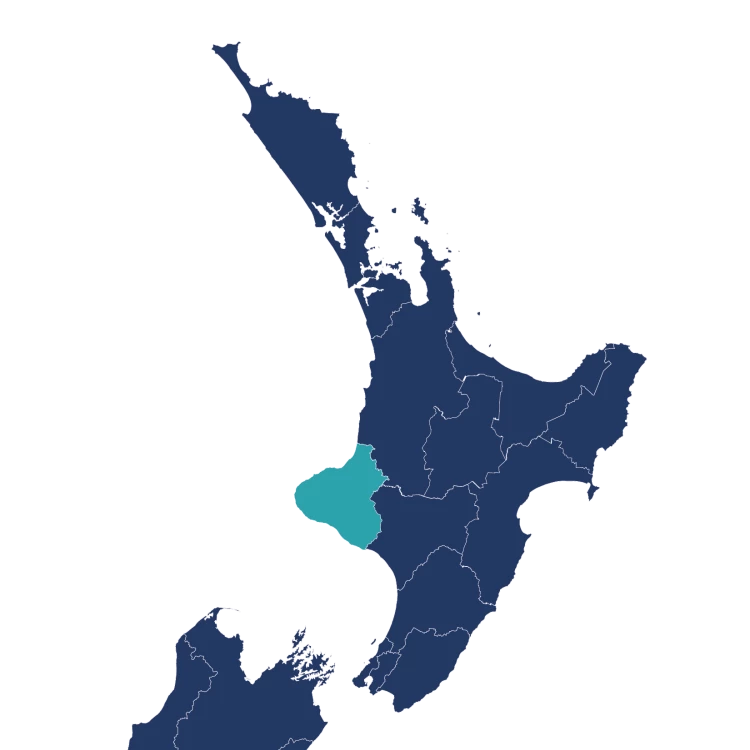 Taranaki District as shown on the North Island map of New Zealand