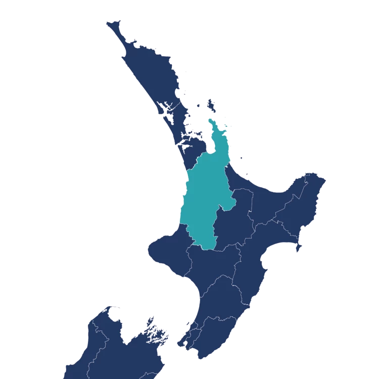 The Waikato District as shown in the map of the North Island of New Zealand