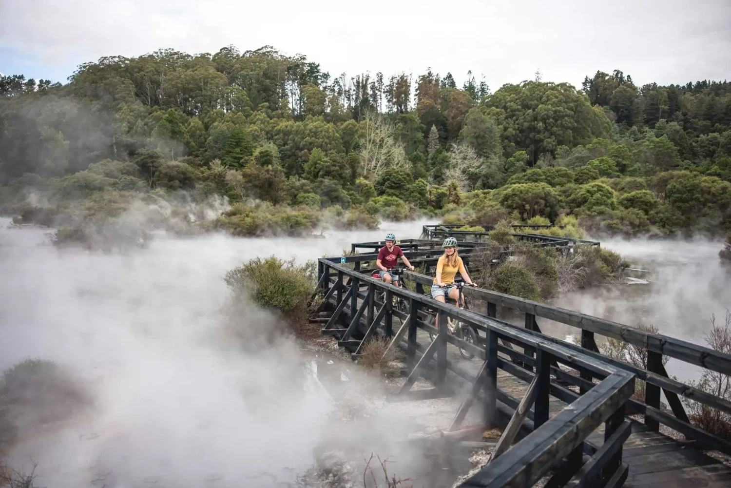 Cyling in the Maori village, Rotorua - Credit Miles Holden