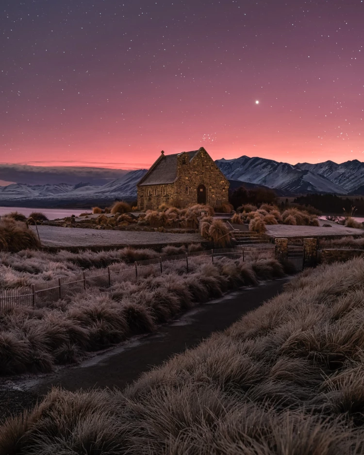 Lake Tekapo church of the good shepherd at dawn