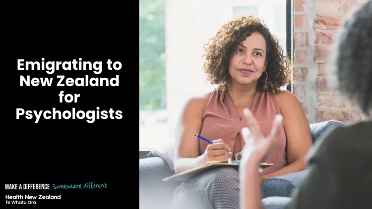 A psychologist sitting taking notes and listening to a patient. On the left it says "Emigrating to New Zealand for Psychologists".